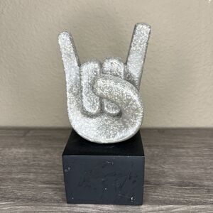 Rock On Hand Gesture Sculpture Statue 7" Stone Hand Art Trophy Gift Bookend